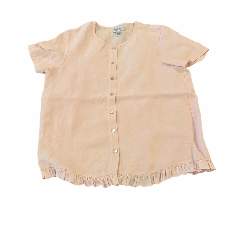 Westbound Linen Blouse Womens Large Pink Button Up Ruffle Hem Top